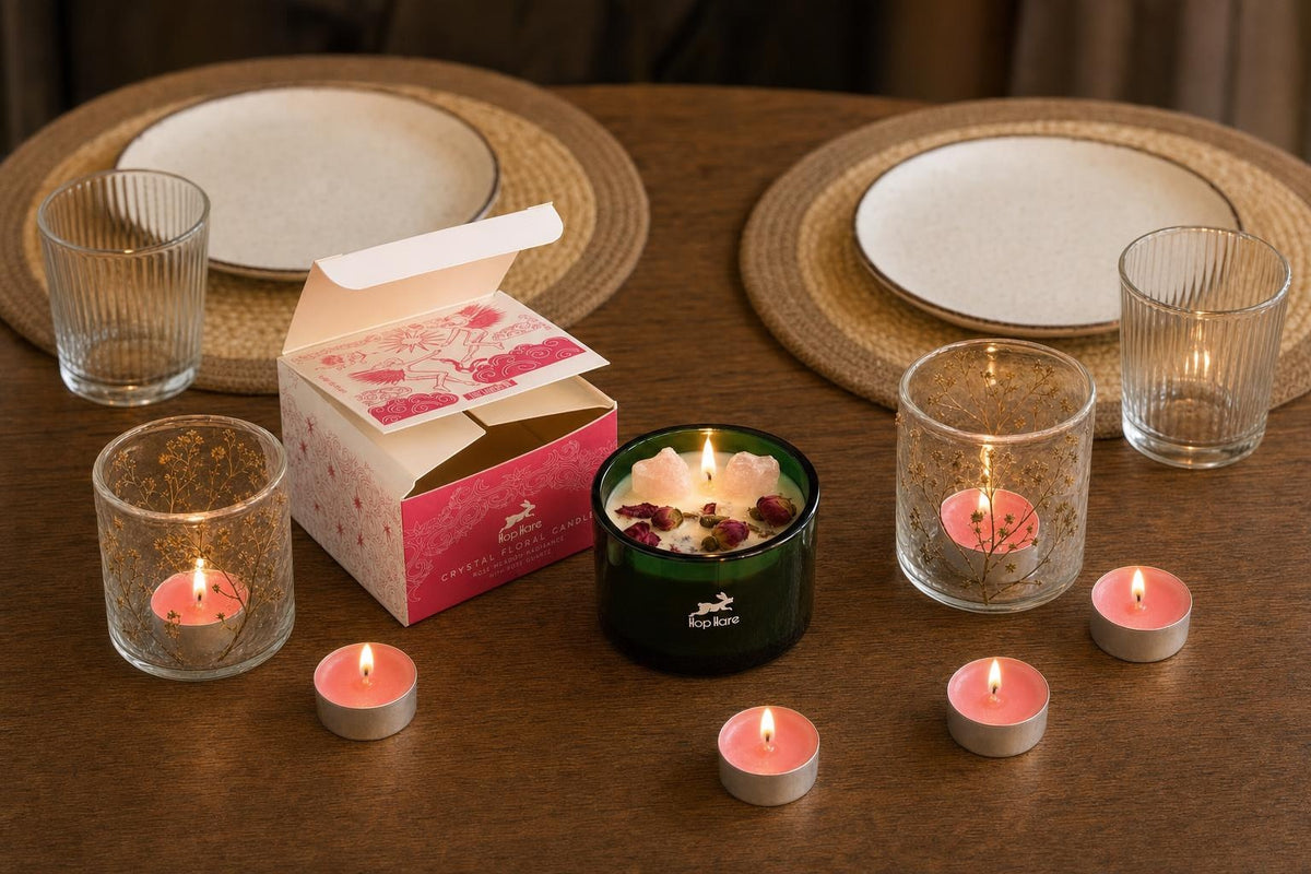 A Table for Two: A Valentine's gift set for dinner at home: a rose quartz crystal candle, two pressed-flower glass holders, rose tealights and two jute placemats