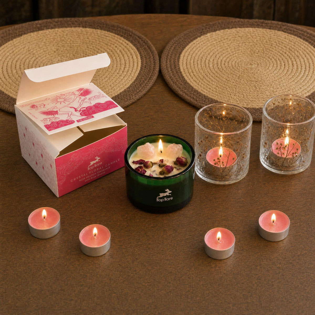 A Table for Two: A Valentine's gift set for dinner at home: a rose quartz crystal candle, two pressed-flower glass holders, rose tealights and two jute placemats