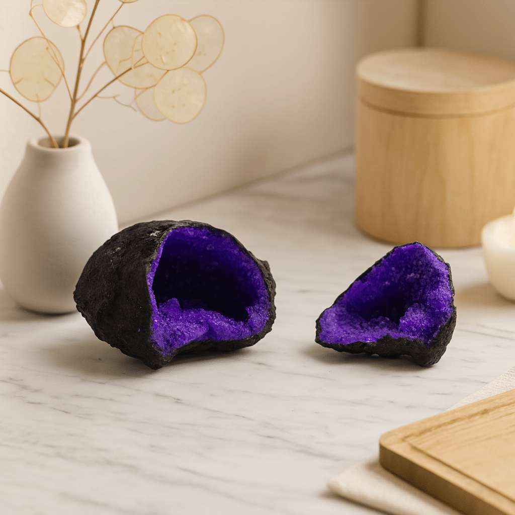 Calcite Crystal Geode Painted Purple Black Rock - SHAMTAM.COM