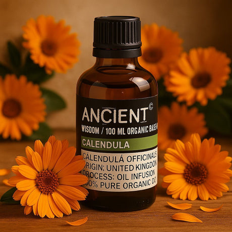 Bottle of Ancient Wisdom Calendula oil with calendula flowers on a wooden surface