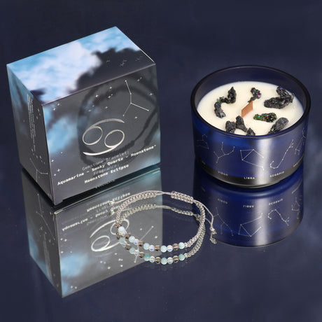 Cancer Zodiac Crystal Candle and Gemstone Bracelet Set - Enhance Intuition and Emotional Balance with Moonstone, Aquamarine, and Smoky Quartz - SHAMTAM.COM