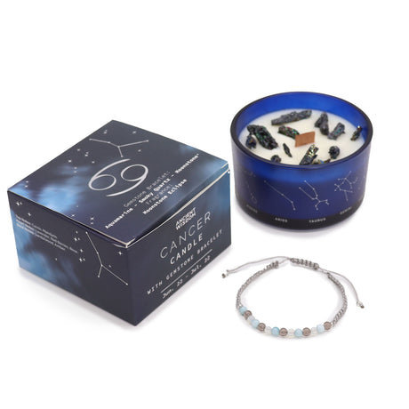 Cancer Zodiac Crystal Candle and Gemstone Bracelet Set - Enhance Intuition and Emotional Balance with Moonstone, Aquamarine, and Smoky Quartz - SHAMTAM.COM