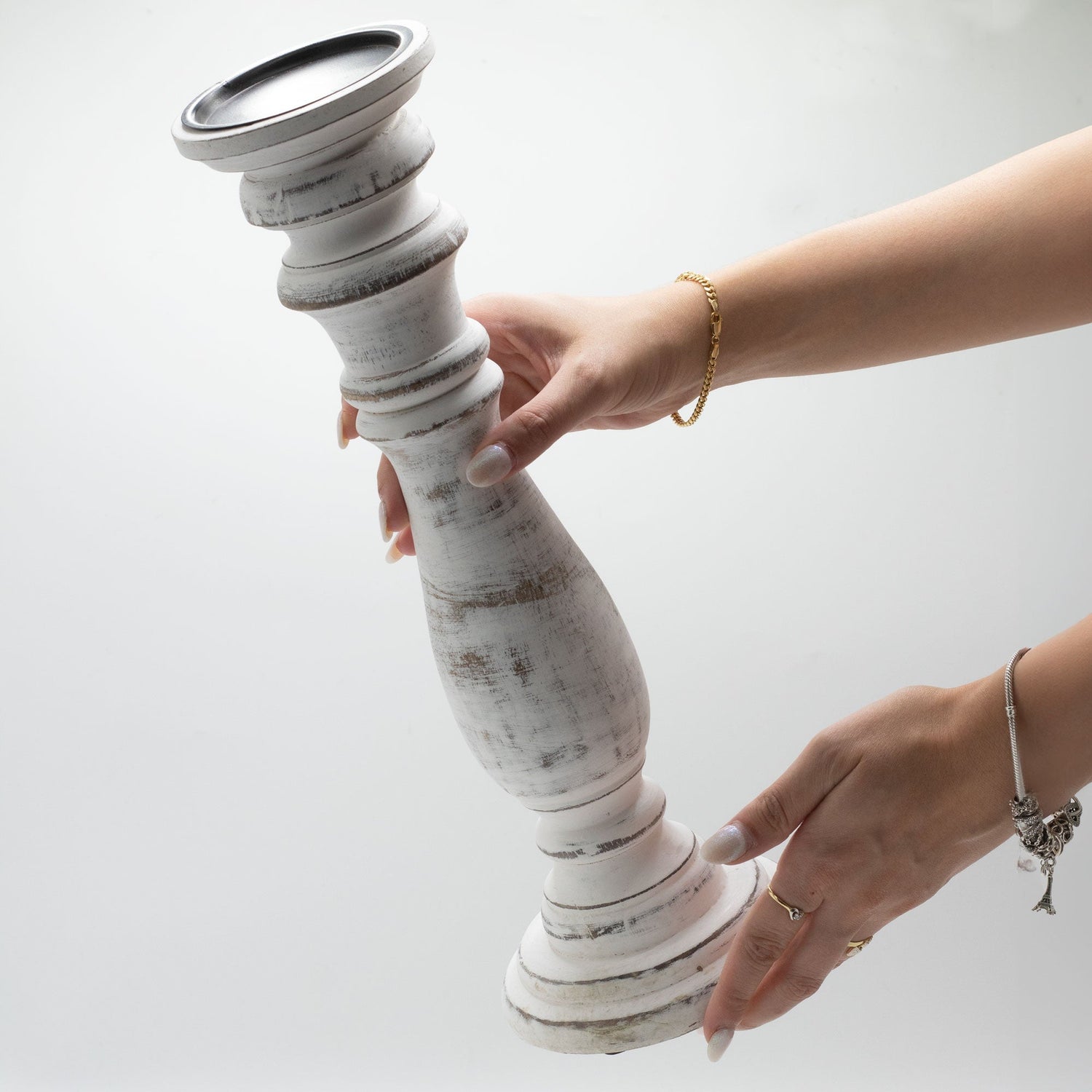 Tall Distressed Whitewash Mango Wood Candle Stand - Classic Vintage Home Decor 37x10cm - SHAMTAM.COM