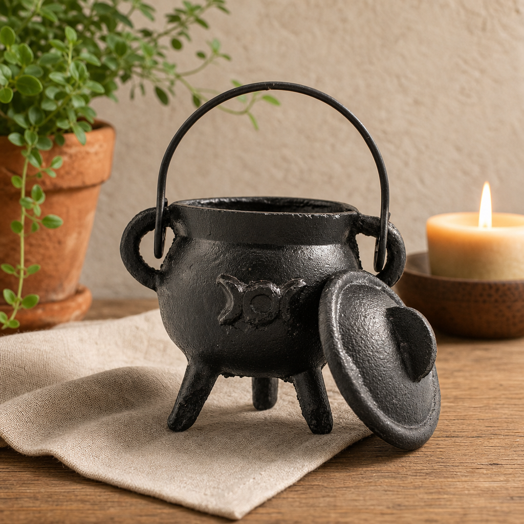 Cast Iron Cauldron with Triple Moon 6 × 10 cm — styled in a warm, naturally lit interior
