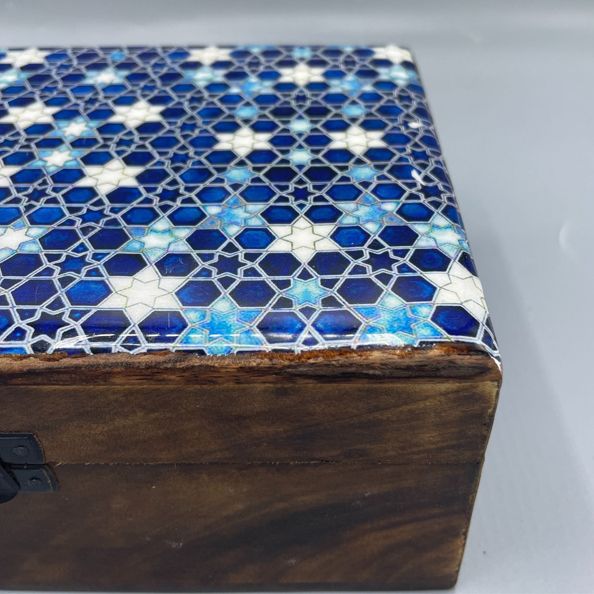 Large Ceramic Glazed Wood Box - 20x15x7.5cm - Blue Stars - SHAMTAM.COM