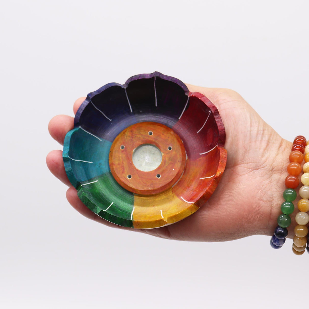 Vibrant Chakra Colors Soapstone Lotus Flower Incense Burner for Meditation & Spiritual Growth - SHAMTAM.COM