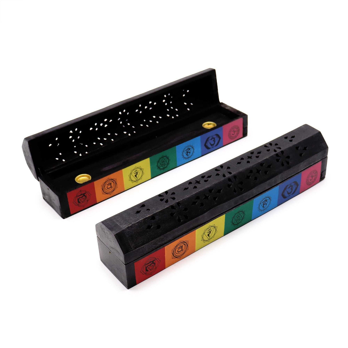 Black wooden Chakra Incense Holder box with 7 colorful chakra symbols and perforated lid for incense smoke.