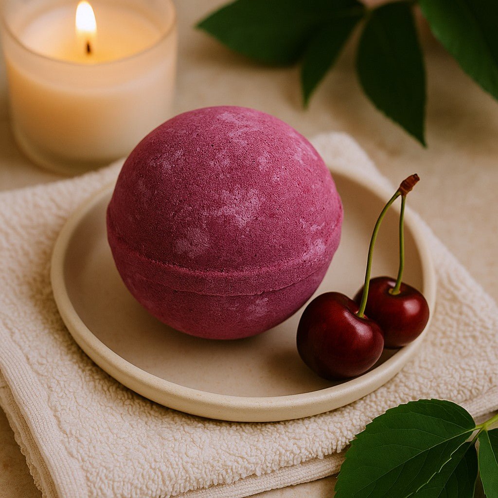 Purple bath bomb on a beige plate with cherries and a lit candle in the background