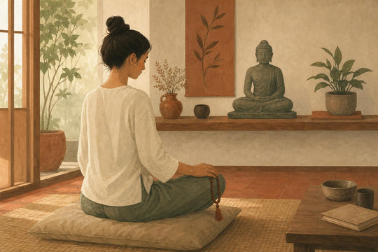 Iemand zittend in stille meditatie met een klein Boeddhabeeld zichtbaar op een plank op de achtergrond