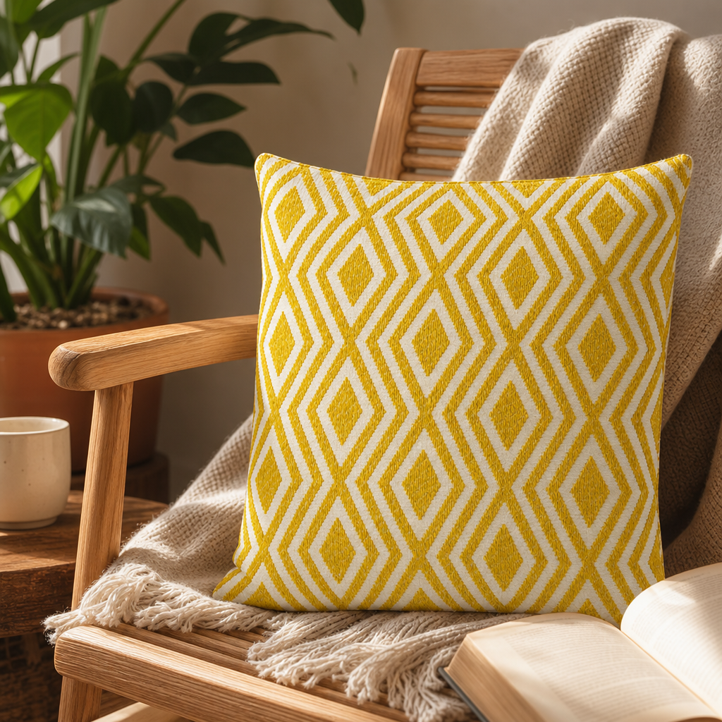 Classic Cushion Cover - Mustard Diamonds - 60 × 60 cm - Jumbo Style — styled in a warm, naturally lit interior