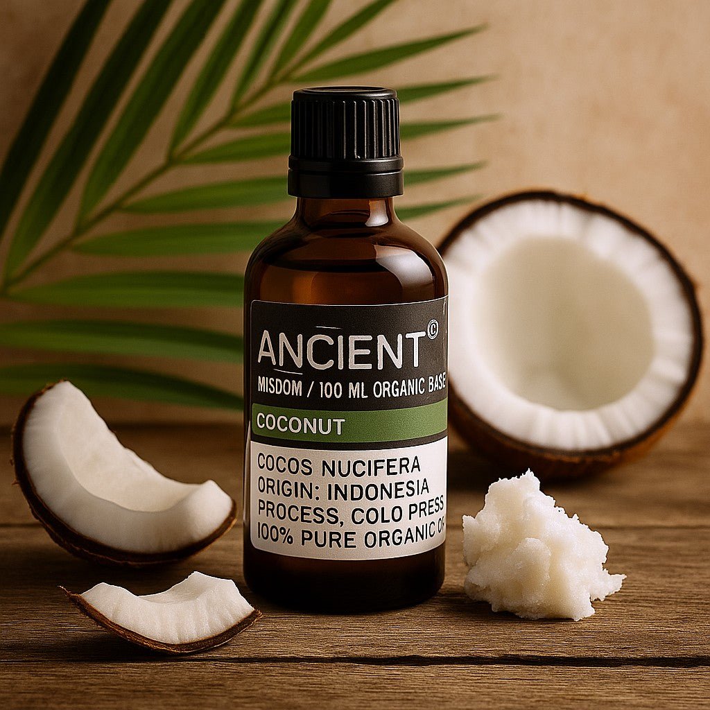 Bottle of Ancient coconut oil with coconuts and palm leaves on a wooden surface
