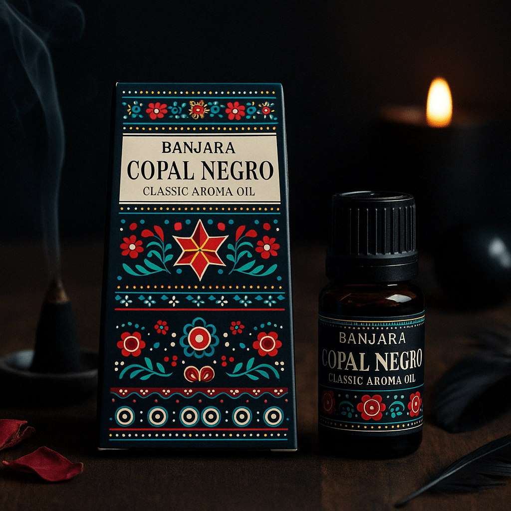 Banjara Copal Negro Classic Aroma Oil 10ml - Premium Indian Fragrance with Floral and Geometric Design Packaging - SHAMTAM.COM