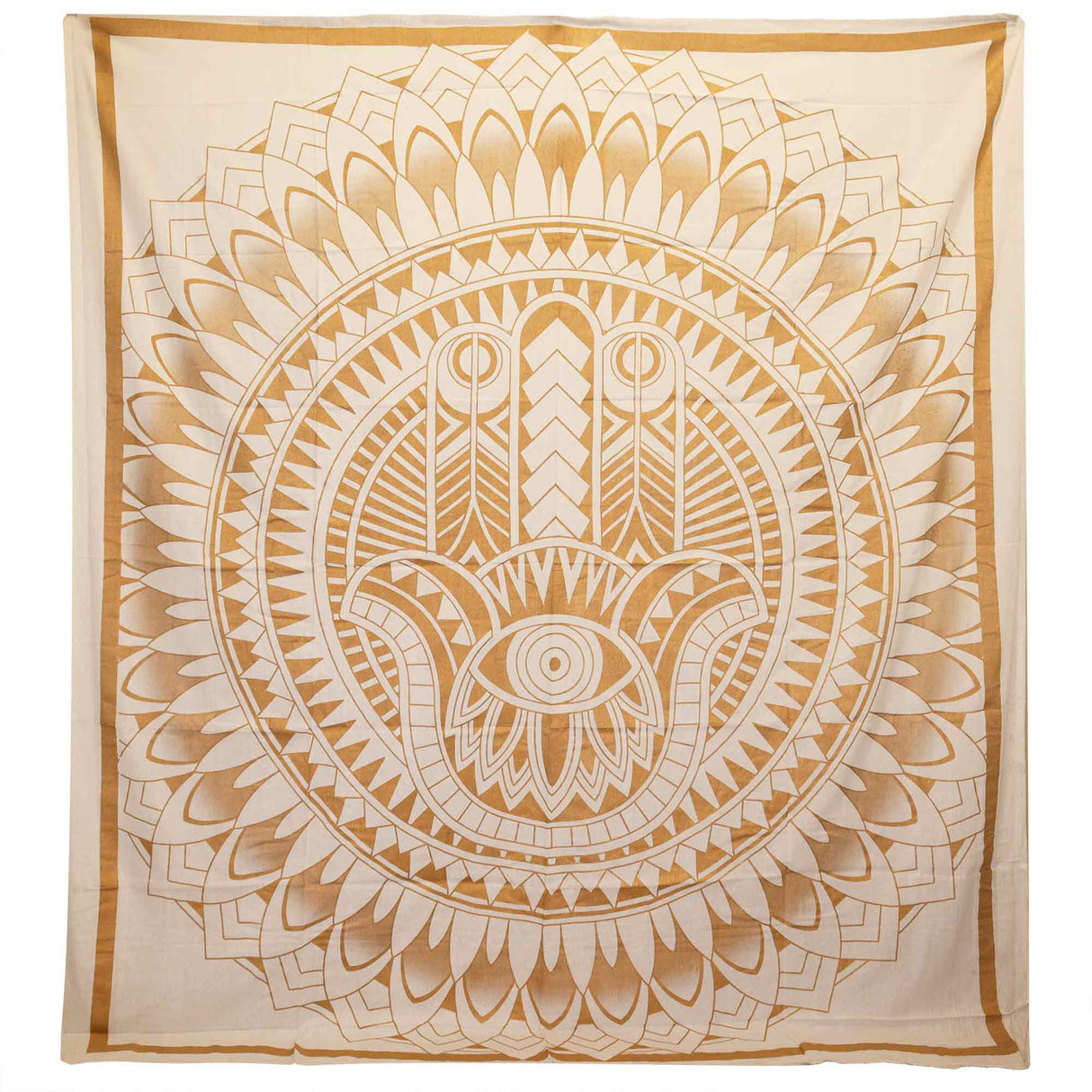 Elegant White Gold Hamsa Mandala Double Cotton Bedspread & Wall Hanging - Bohemian Tapestry for Home Decor - SHAMTAM.COM