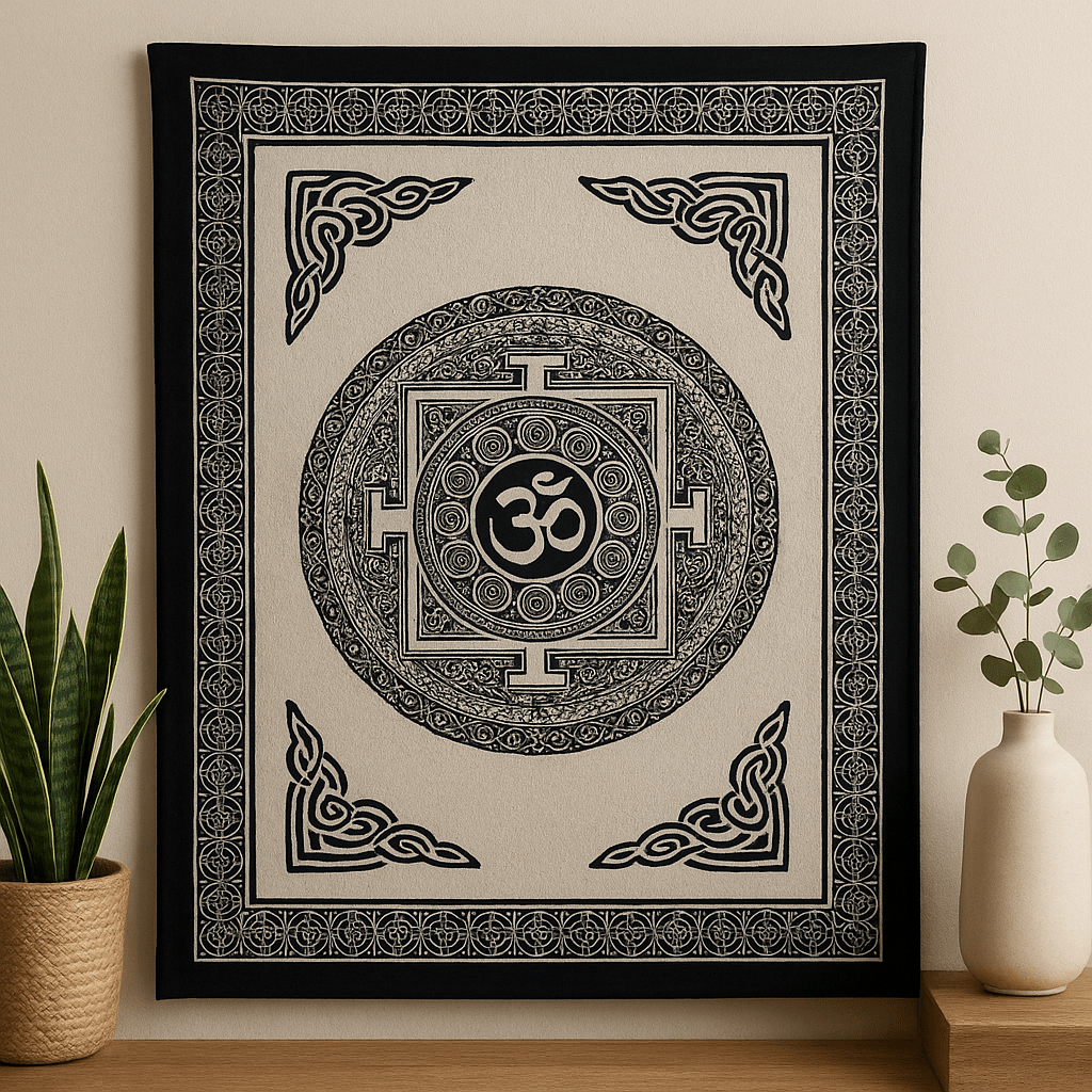 Cotton Bedspread Wall Hanging, Single Om Mandala Mono - SHAMTAM.COM