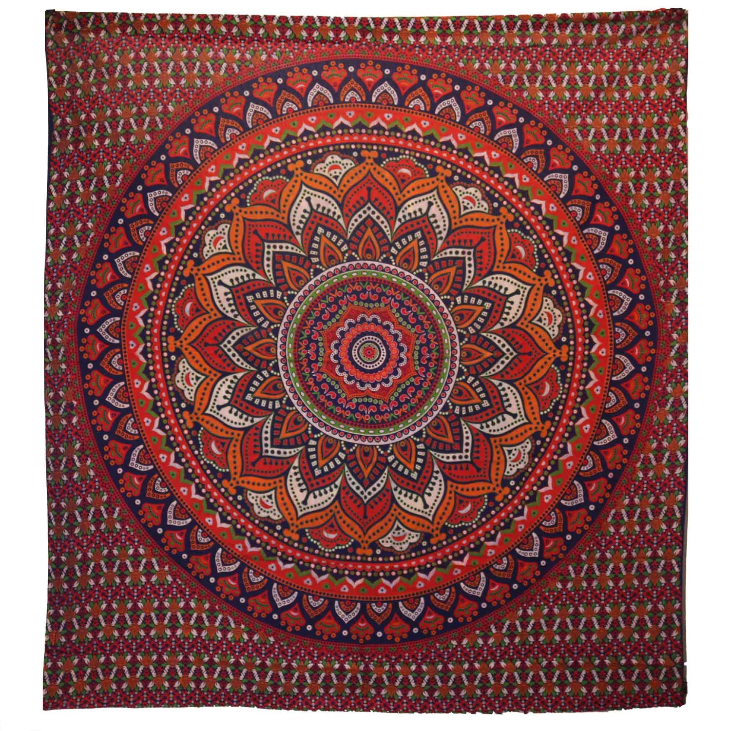 Vibrant Mandala Double Cotton Bedspread & Wall Hanging - Orange/Blue Tapestry with Intricate Geometric and Floral Design - SHAMTAM.COM