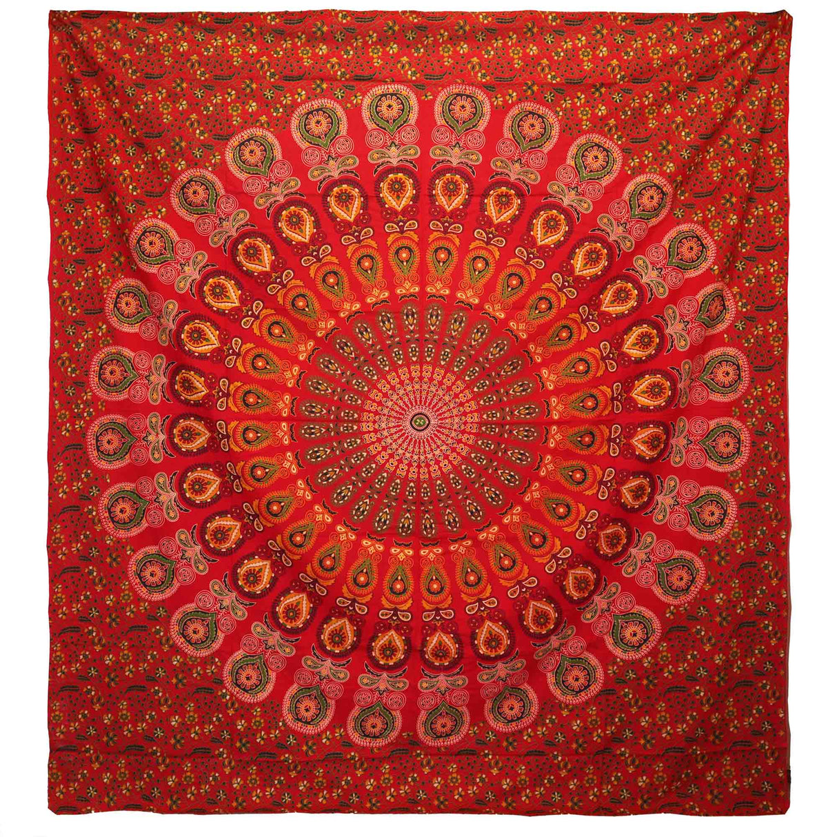 Vibrant Red Peacock Mandala Double Cotton Bedspread & Wall Hanging - Multi - Use Tapestry with Intricate Floral and Paisley Design - SHAMTAM.COM