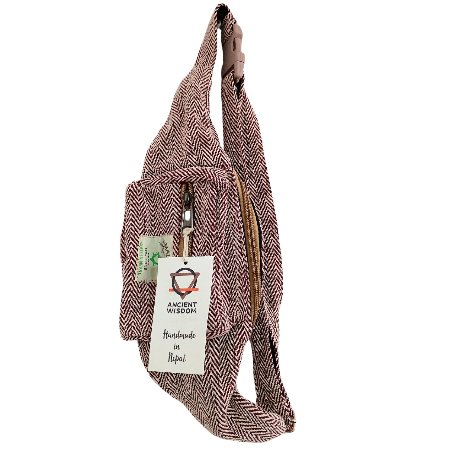 Handmade Cotton Hemp Fanny Pack with Herringbone Pattern - Wine Red, THC Free, by Ancient Wisdom, Made in Nepal - SHAMTAM.COM