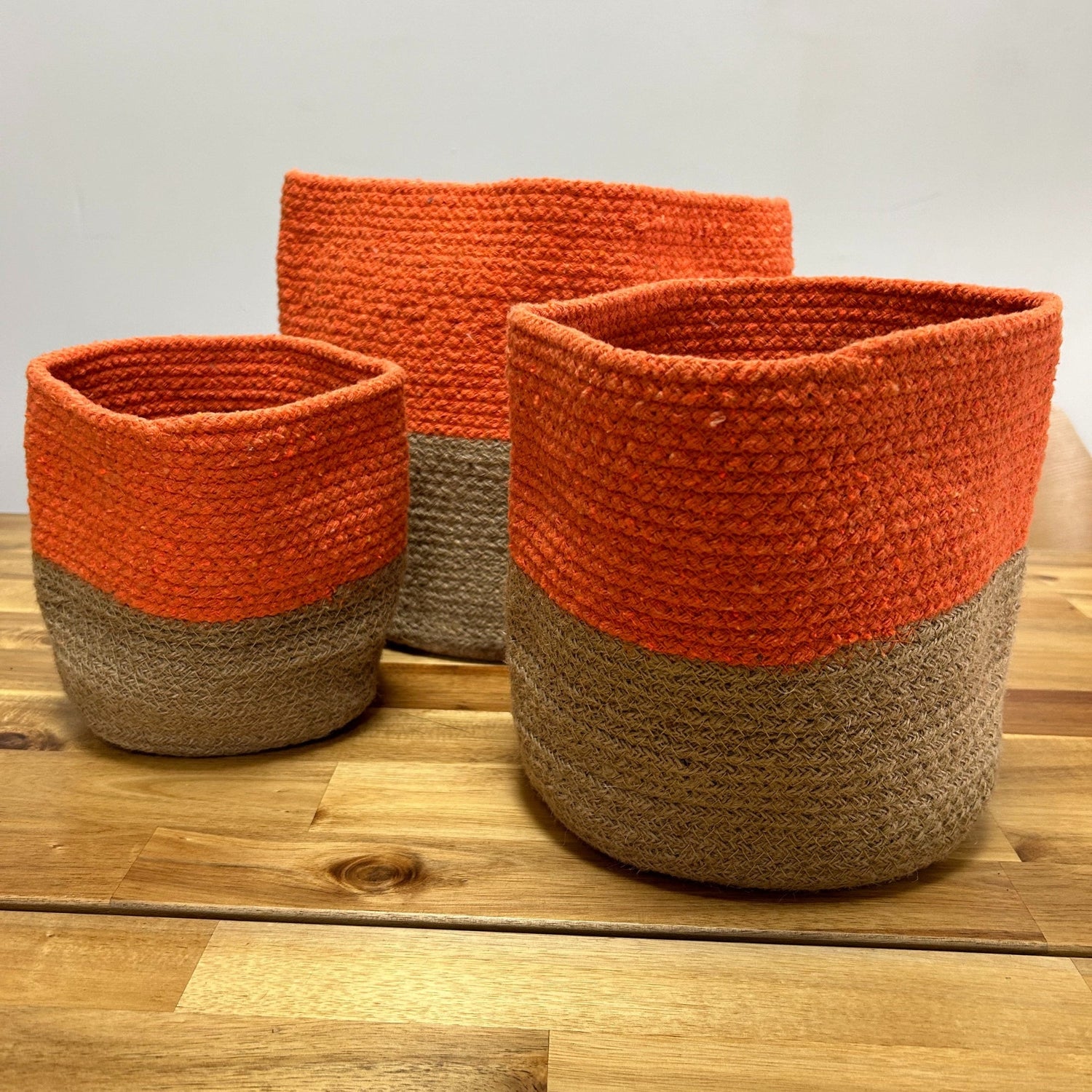 Set of 3 Indian Cotton Rope Storage Baskets - Two - Tone Orange and Jute Design by Ancient Wisdom - SHAMTAM.COM