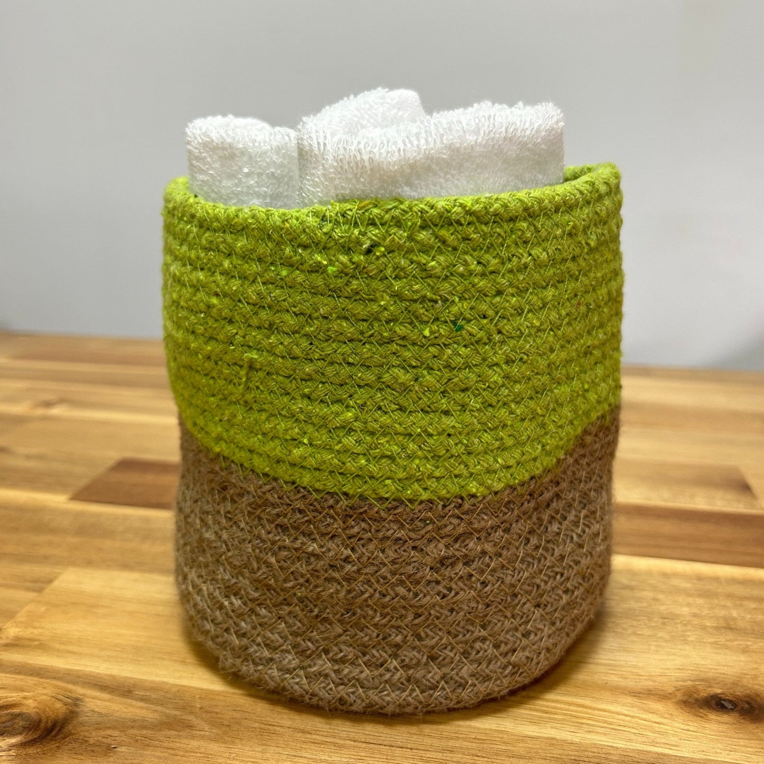 Set of 3 Eco - Friendly Cotton Rope Storage Baskets - Pistachio Green and Natural Jute, Made in India by Ancient Wisdom - SHAMTAM.COM