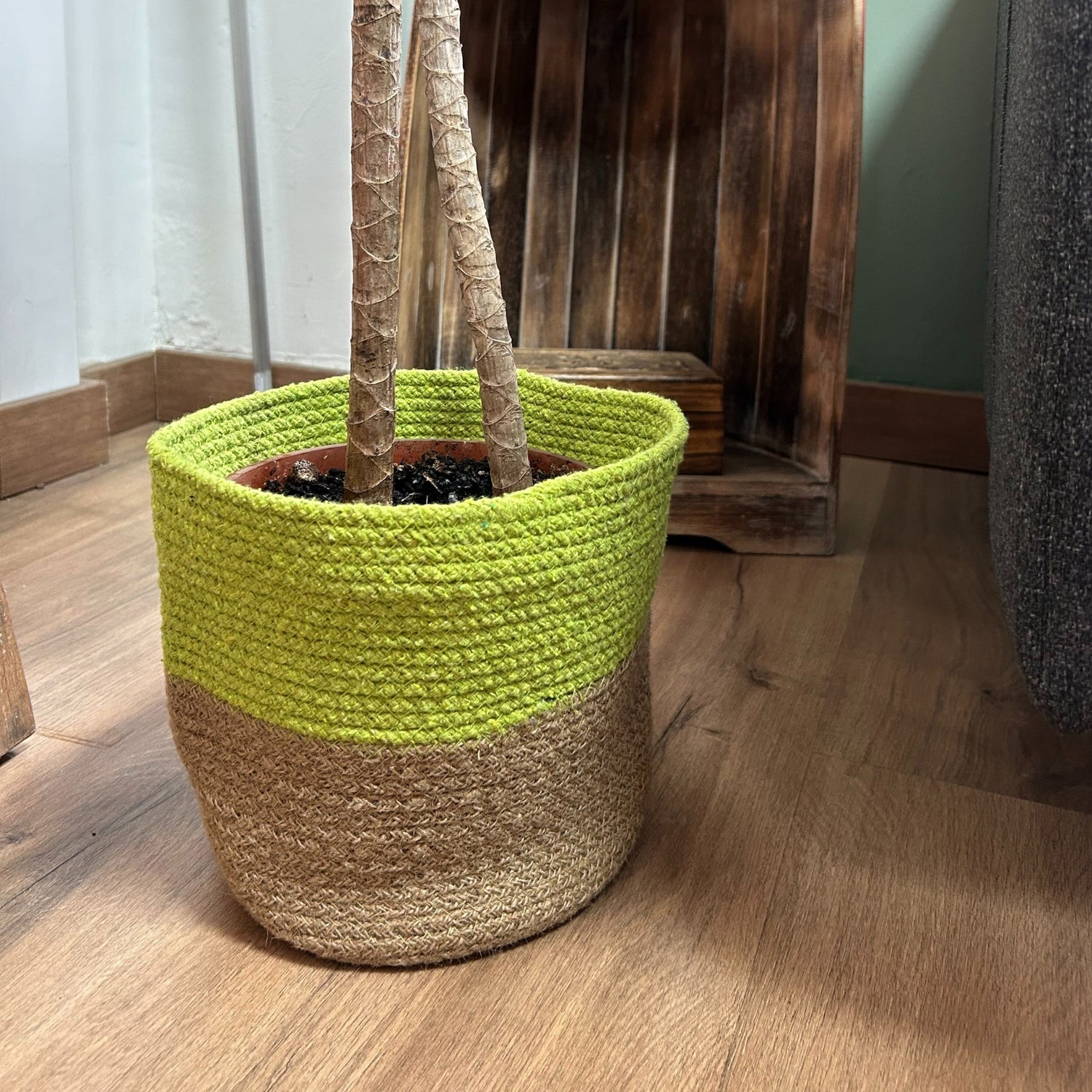 Set of 3 Eco - Friendly Cotton Rope Storage Baskets - Pistachio Green and Natural Jute, Made in India by Ancient Wisdom - SHAMTAM.COM