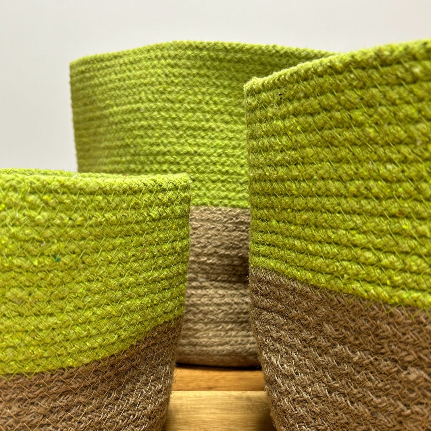 Set of 3 Eco - Friendly Cotton Rope Storage Baskets - Pistachio Green and Natural Jute, Made in India by Ancient Wisdom - SHAMTAM.COM
