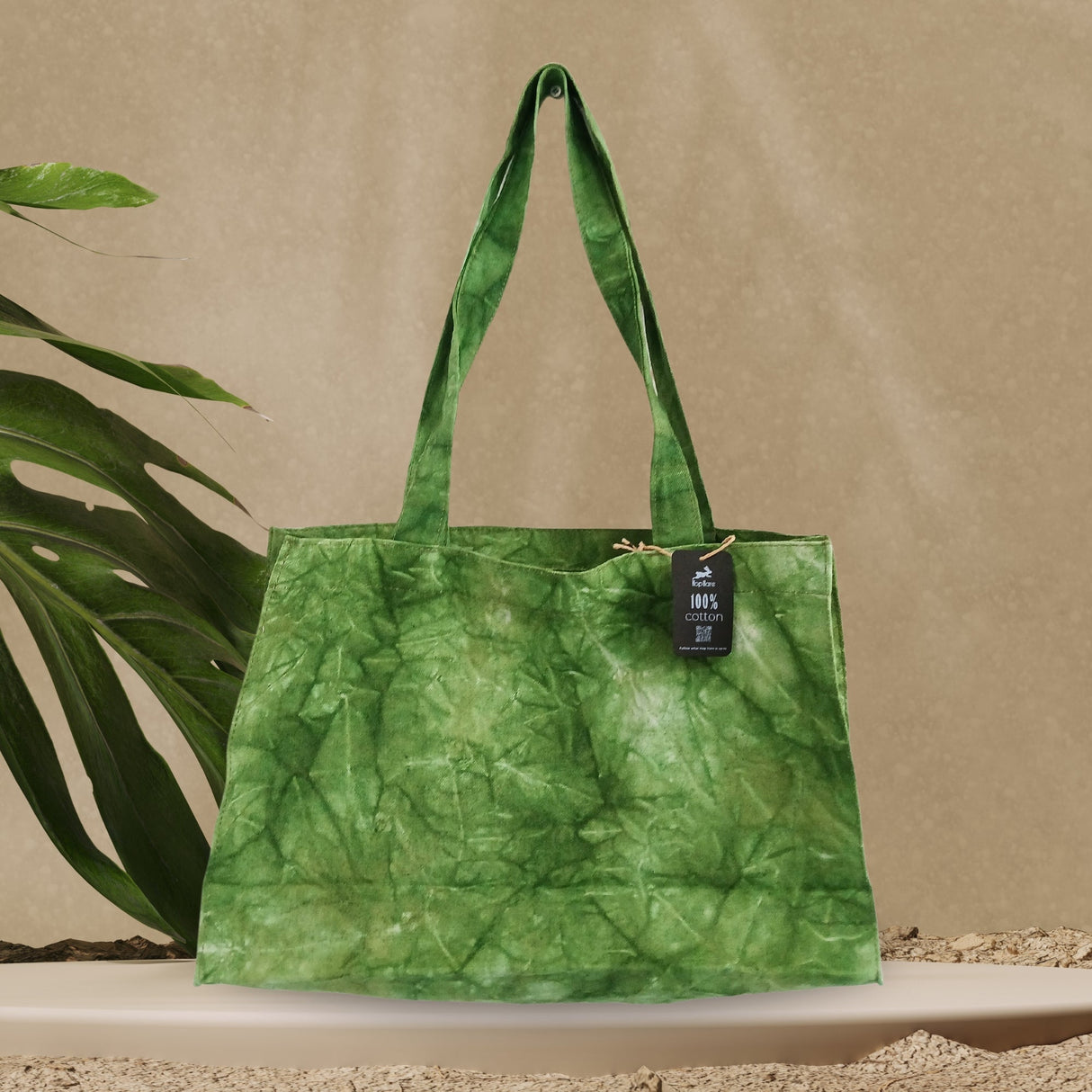 Forest Green Stonewash Effect Cotton Tote Bag with Tie - Dye Pattern and Long Handles - SHAMTAM.COM