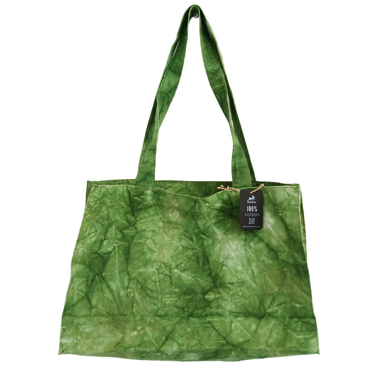 Forest Green Stonewash Effect Cotton Tote Bag with Tie - Dye Pattern and Long Handles - SHAMTAM.COM