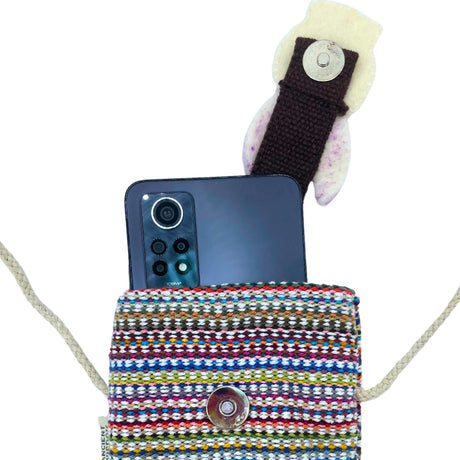 Colorful Striped Pink Bunny Phone Holder Bag with Long Strap – Cute Felted Rabbit Face Decor - SHAMTAM.COM