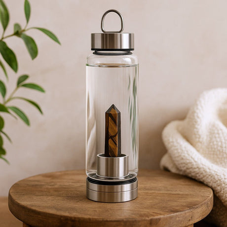 Crystal Infused Glass Water Bottle, Tiger's Eye Obelisk - SHAMTAM.COM