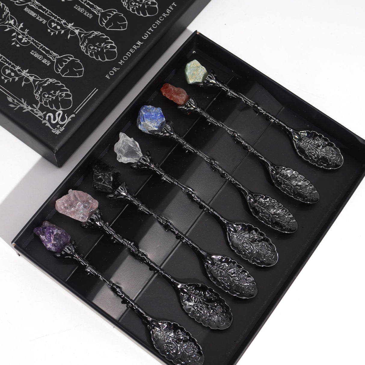 Set of 7 Dark Silver Gemstone Crystal Witch Spoons - SHAMTAM.COM