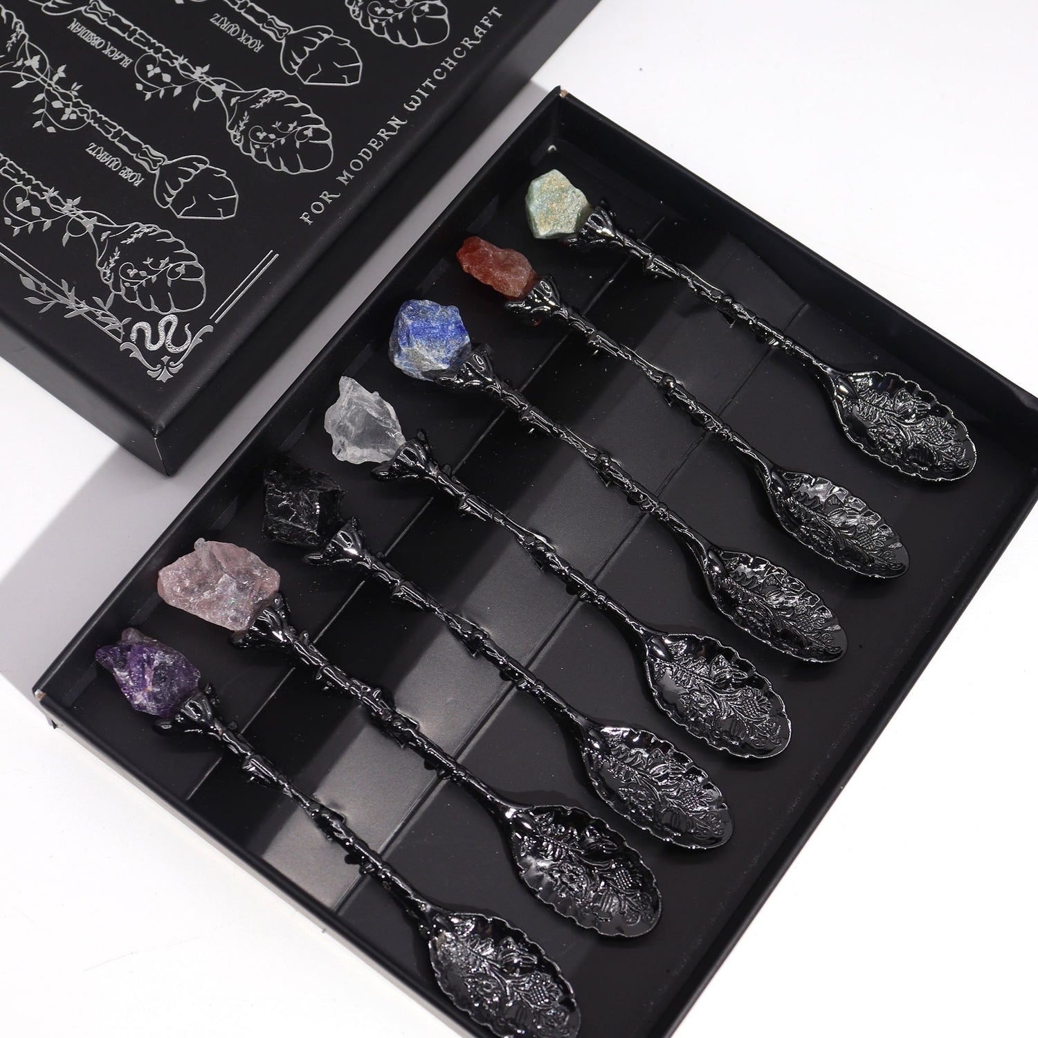 Set of 7 Dark Silver Gemstone Crystal Witch Spoons - SHAMTAM.COM