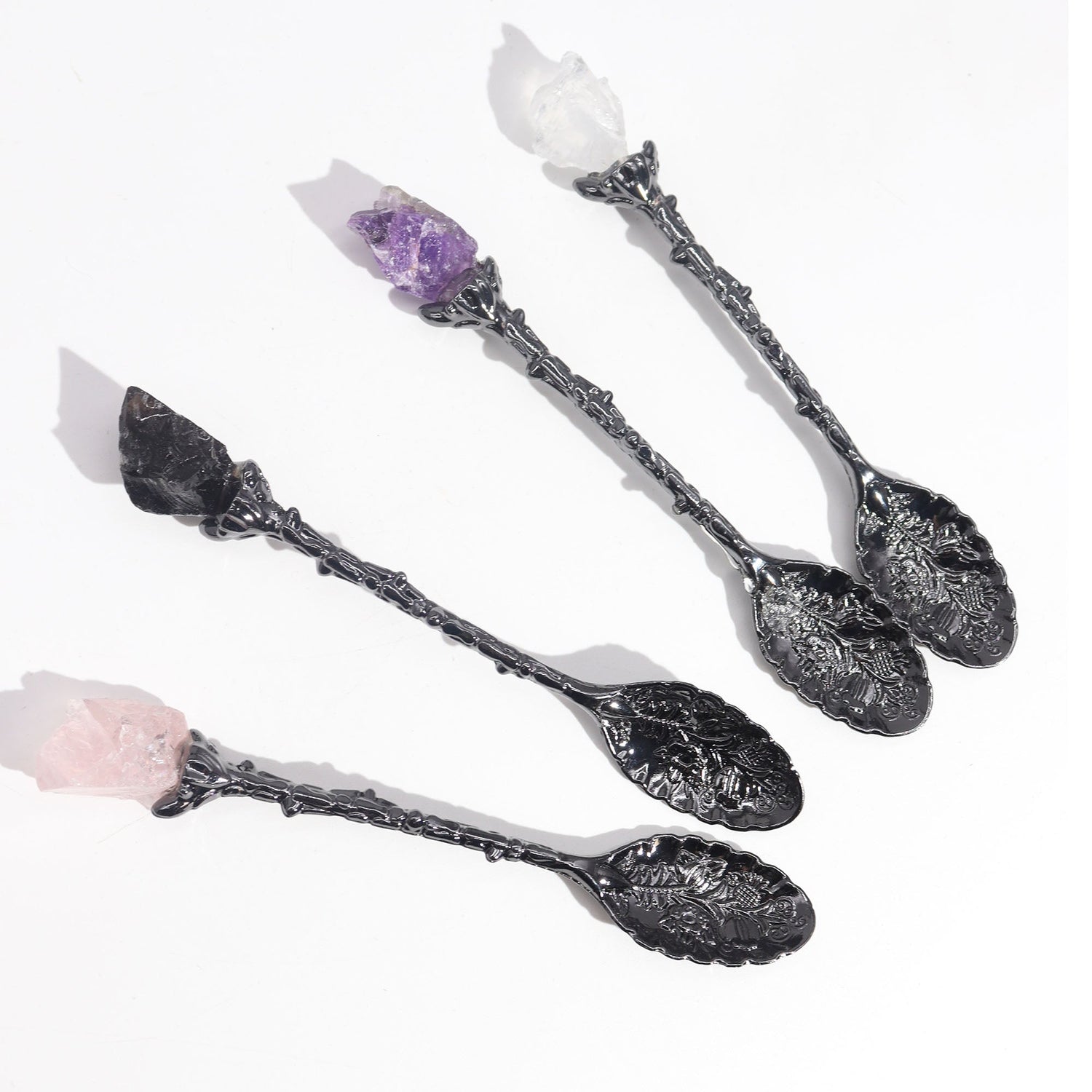 Set of 7 Dark Silver Gemstone Crystal Witch Spoons - SHAMTAM.COM