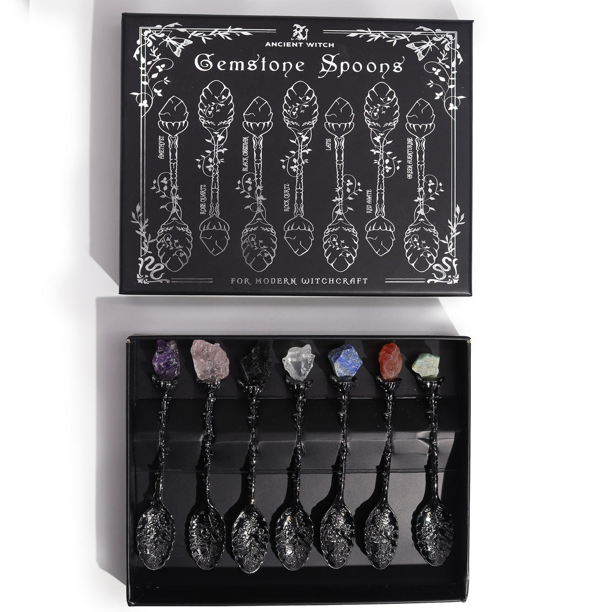 Set of 7 Dark Silver Gemstone Crystal Witch Spoons - SHAMTAM.COM