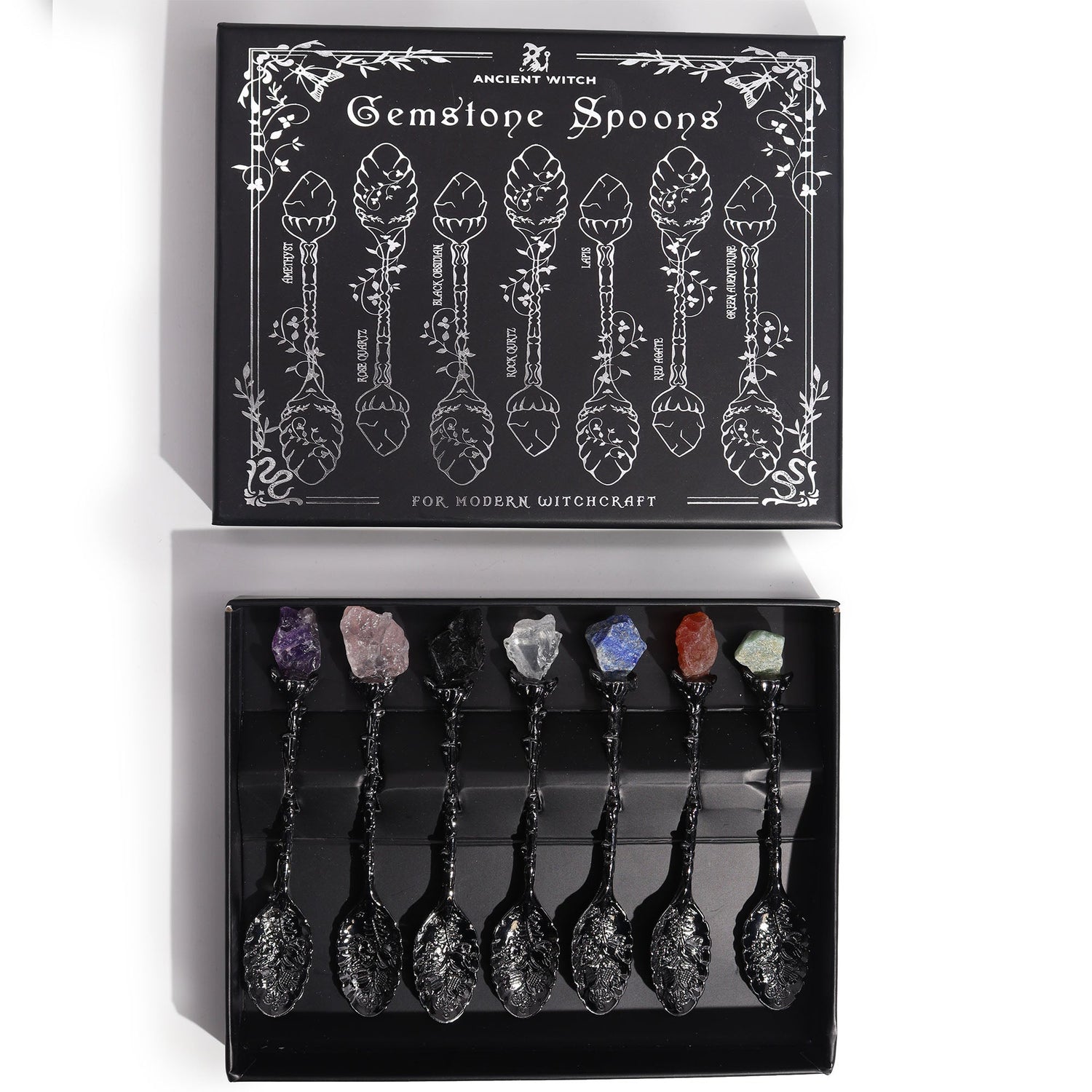 Set of 7 Dark Silver Gemstone Crystal Witch Spoons - SHAMTAM.COM