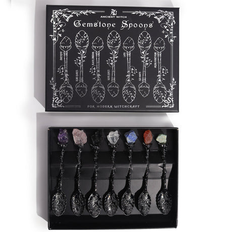 Set of 7 Dark Silver Gemstone Crystal Witch Spoons - SHAMTAM.COM