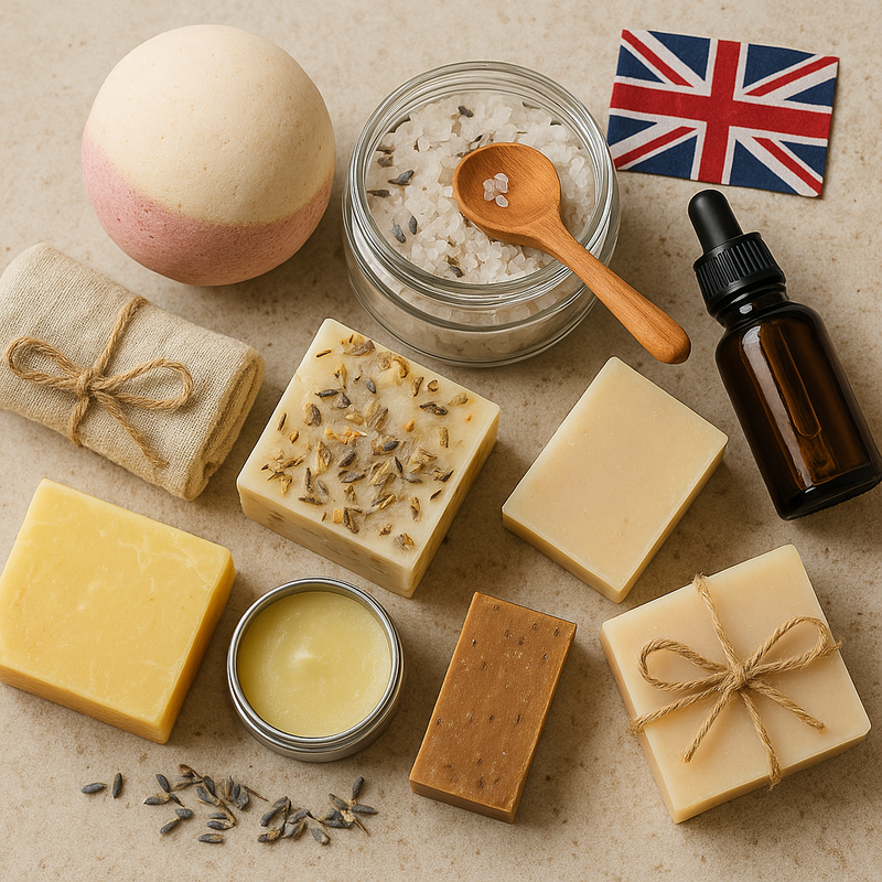 Collection of natural skincare products including soap bars, salve, and bath salts on a textured surface with a British flag.