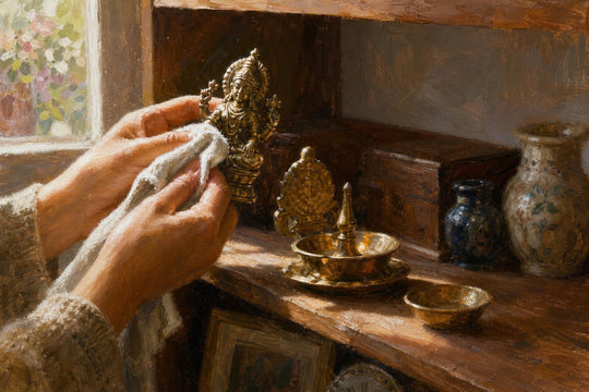 Hands cleaning a small brass statue and an oil lamp on a wooden shelf before Diwali.