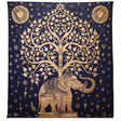 Ornate Blue Gold Elephant & Tree Double Cotton Bedspread and Wall Hanging - Indian Inspired Tapestry with Heart - Shaped Leaves and Floral Designs - SHAMTAM.COM