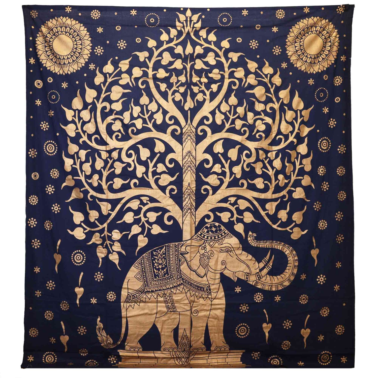 Ornate Blue Gold Elephant & Tree Double Cotton Bedspread and Wall Hanging - Indian Inspired Tapestry with Heart - Shaped Leaves and Floral Designs - SHAMTAM.COM