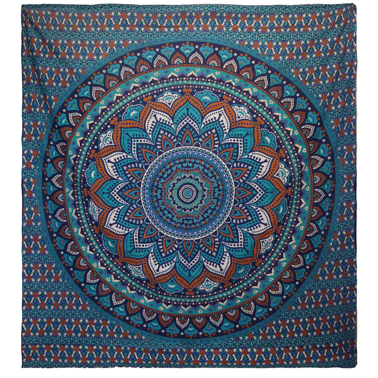 Turquoise Mandala Double Cotton Bedspread & Wall Hanging - Vibrant Geometric Tapestry with Floral Elements - SHAMTAM.COM