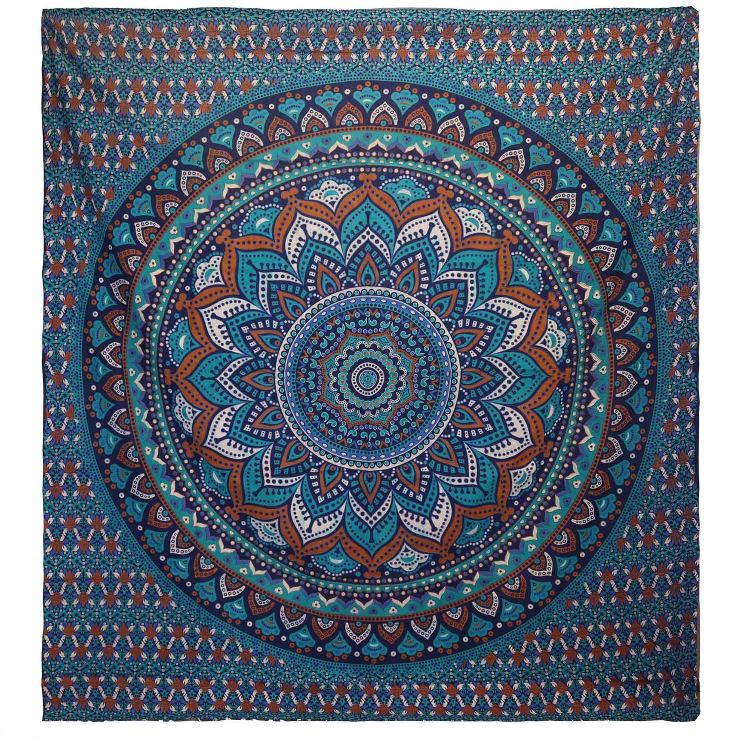 Turquoise Mandala Double Cotton Bedspread & Wall Hanging - Vibrant Geometric Tapestry with Floral Elements - SHAMTAM.COM