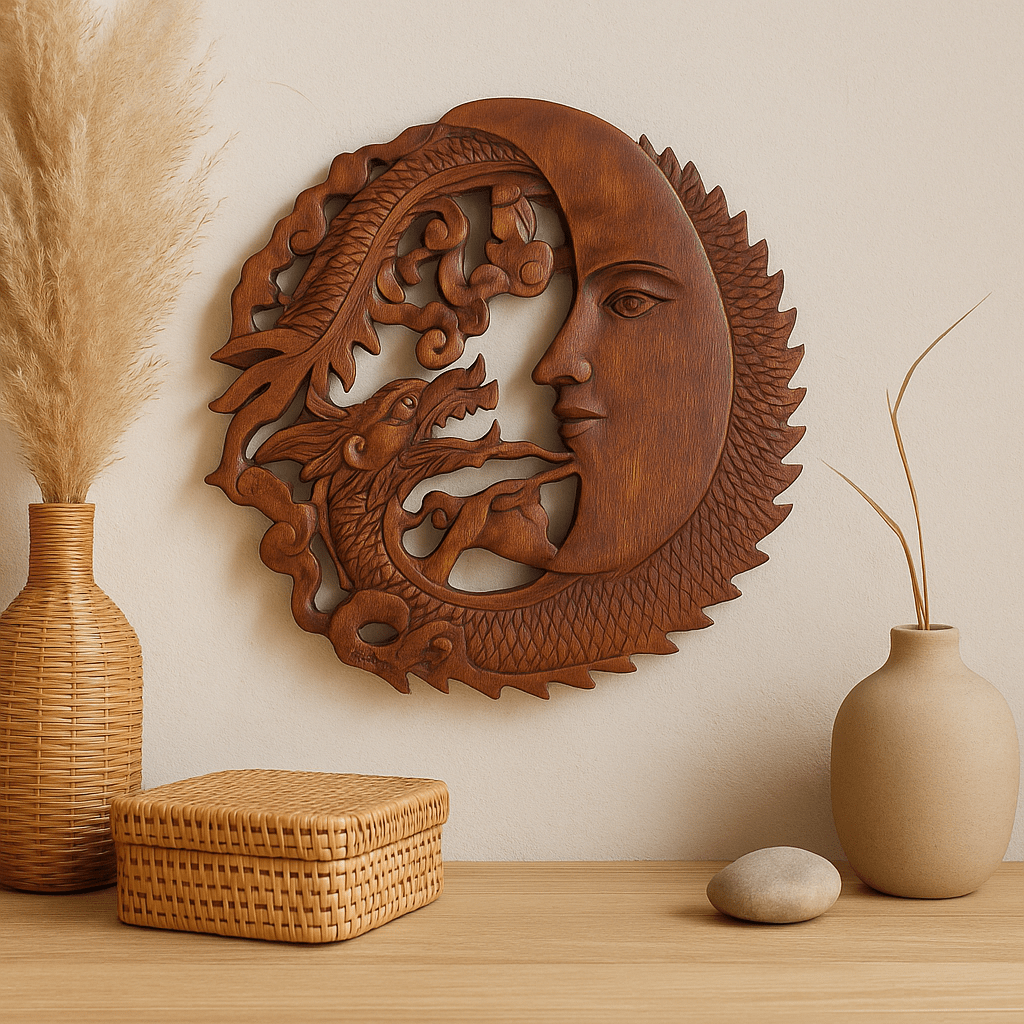 Dragon Wooden Wall Plaque Moon Face 30cm - SHAMTAM.COM