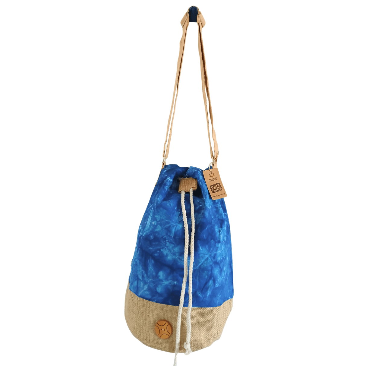 Bohemian Blue Stonewash Mandala Drawstring Backpack with Adjustable Strap and Burlap Bottom - SHAMTAM.COM