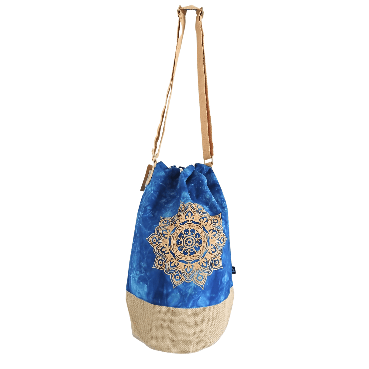 Bohemian Blue Stonewash Mandala Drawstring Backpack with Adjustable Strap and Burlap Bottom - SHAMTAM.COM