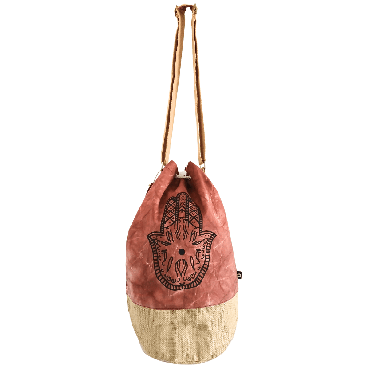 Bohemian Terracotta Stonewash Drawstring Backpack with Hamsa Design - Natural Canvas & Burlap - SHAMTAM.COM