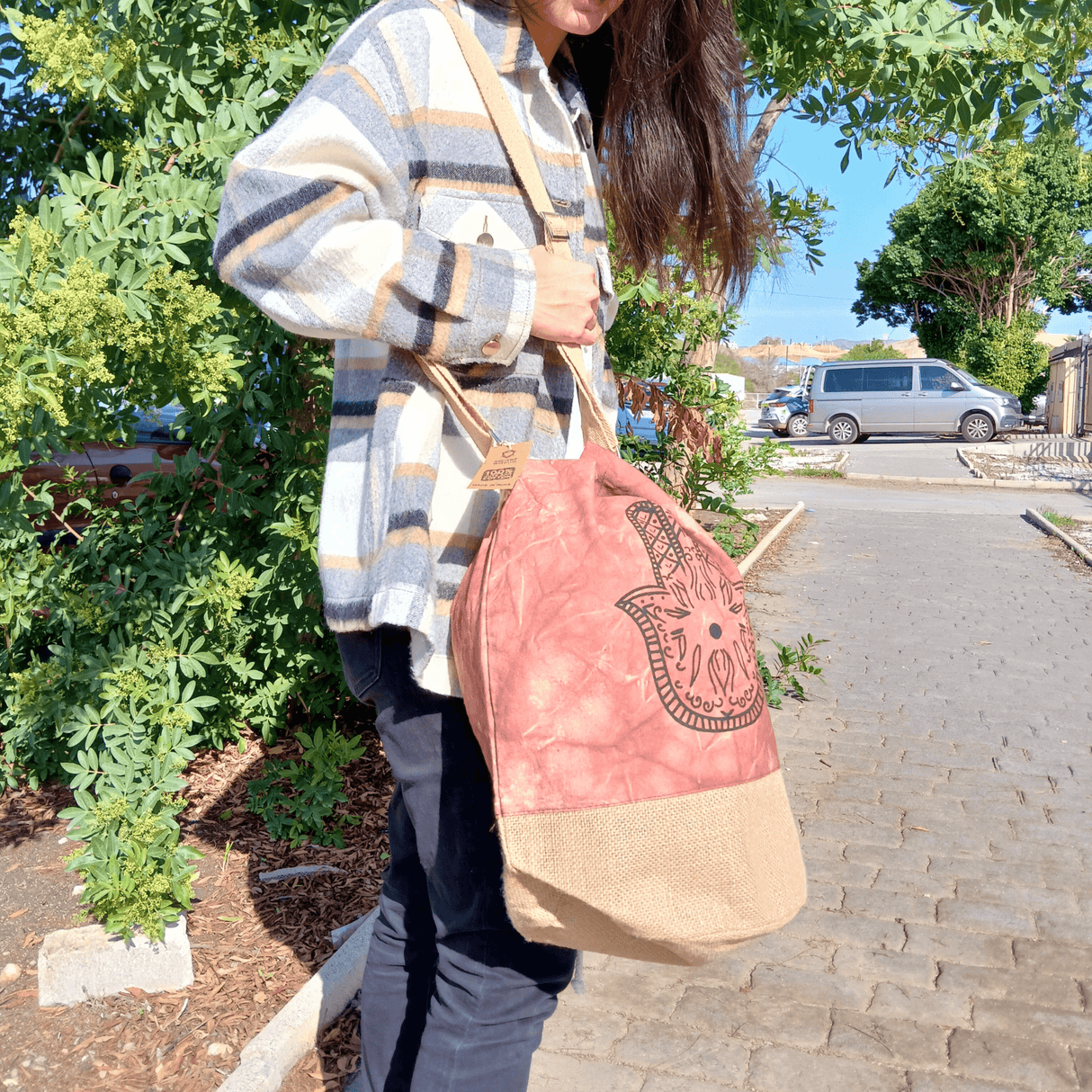 Bohemian Terracotta Stonewash Drawstring Backpack with Hamsa Design - Natural Canvas & Burlap - SHAMTAM.COM