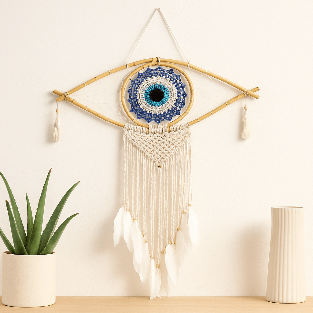 Dream Catcher Evil Eye Macrame Blue White Black - SHAMTAM.COM
