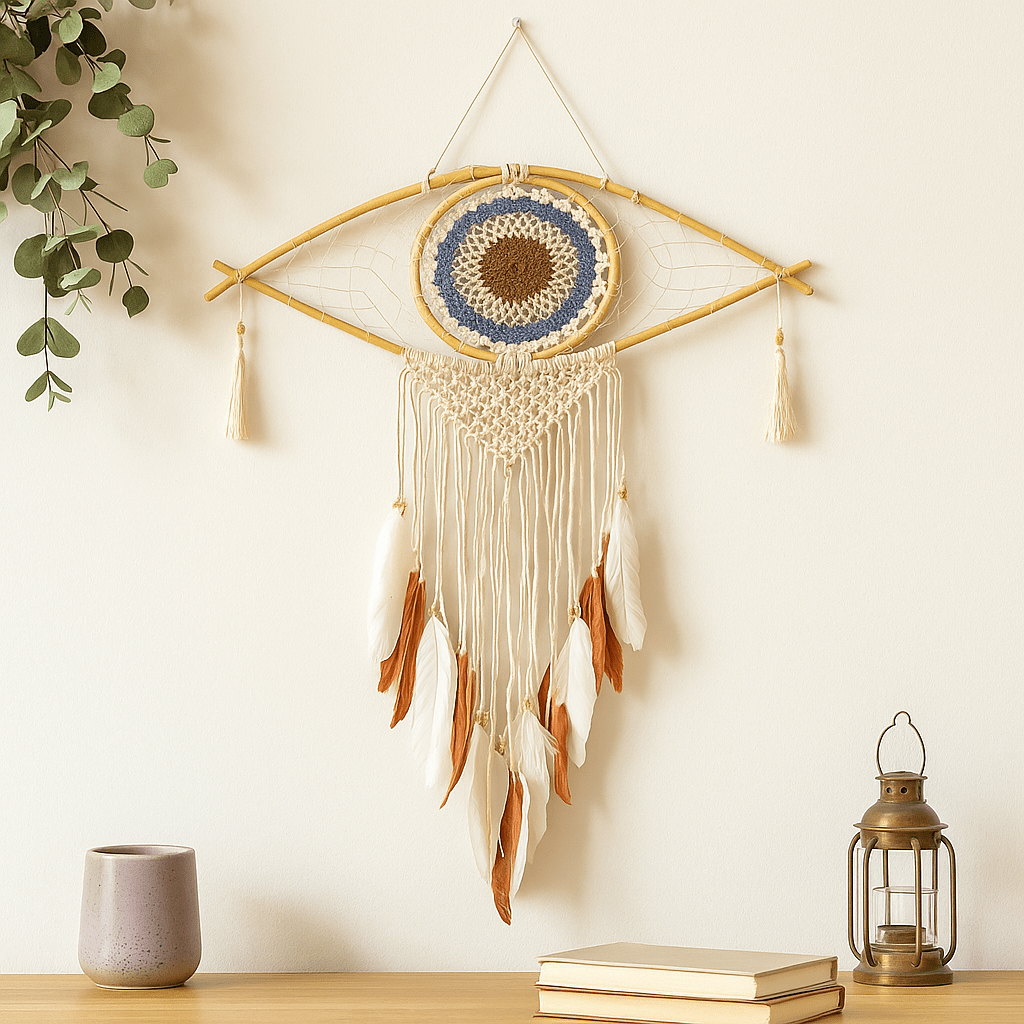 Dream Catcher Evil Eye Macrame White Grey Brown - SHAMTAM.COM