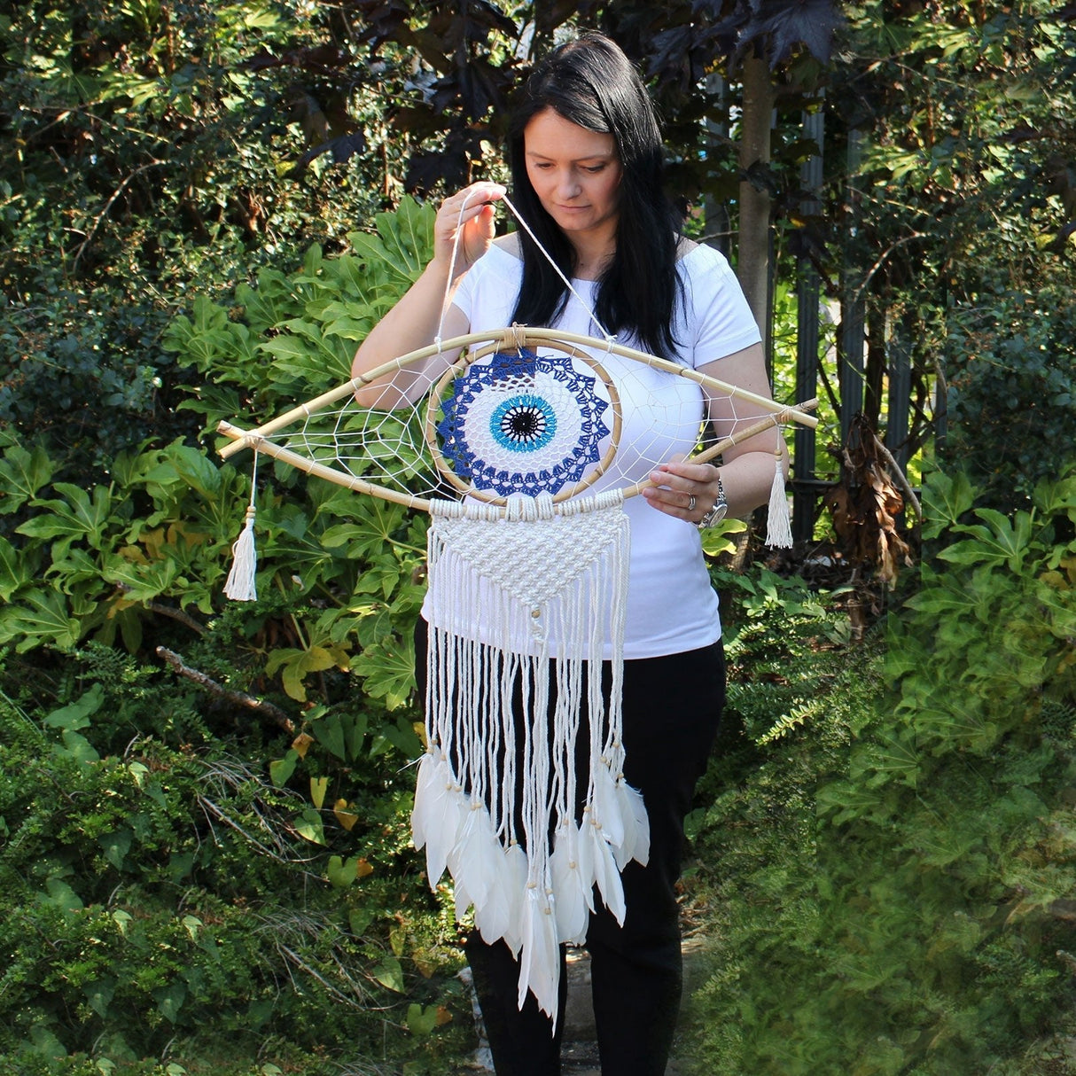 Macrame Dreamcatcher - Evil Eye White/ Grey/Brown - SHAMTAM.COM