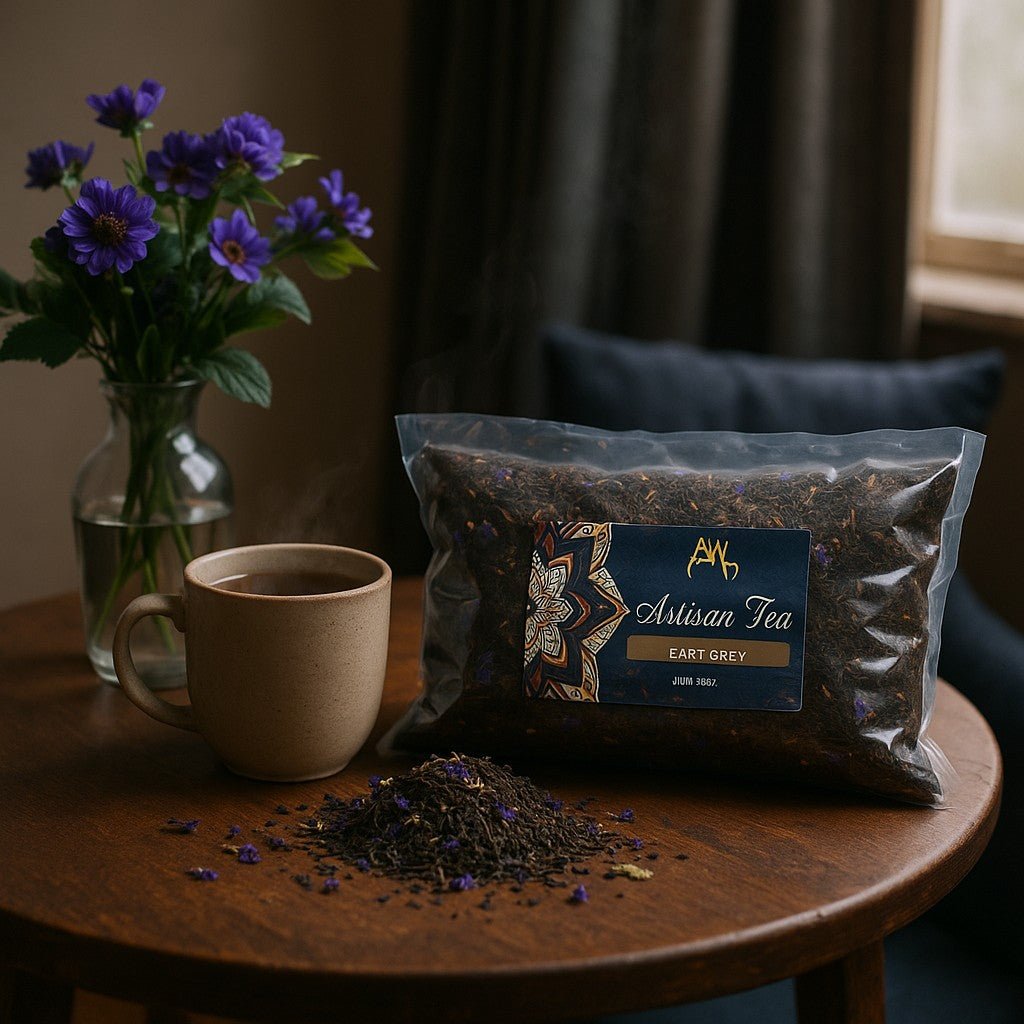 Tea package with a cup and flowers on a wooden table